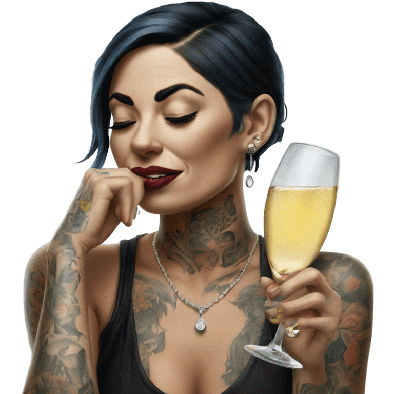 Hyper Realistic Beautiful tattooed woman crying drinking champagne  emoji