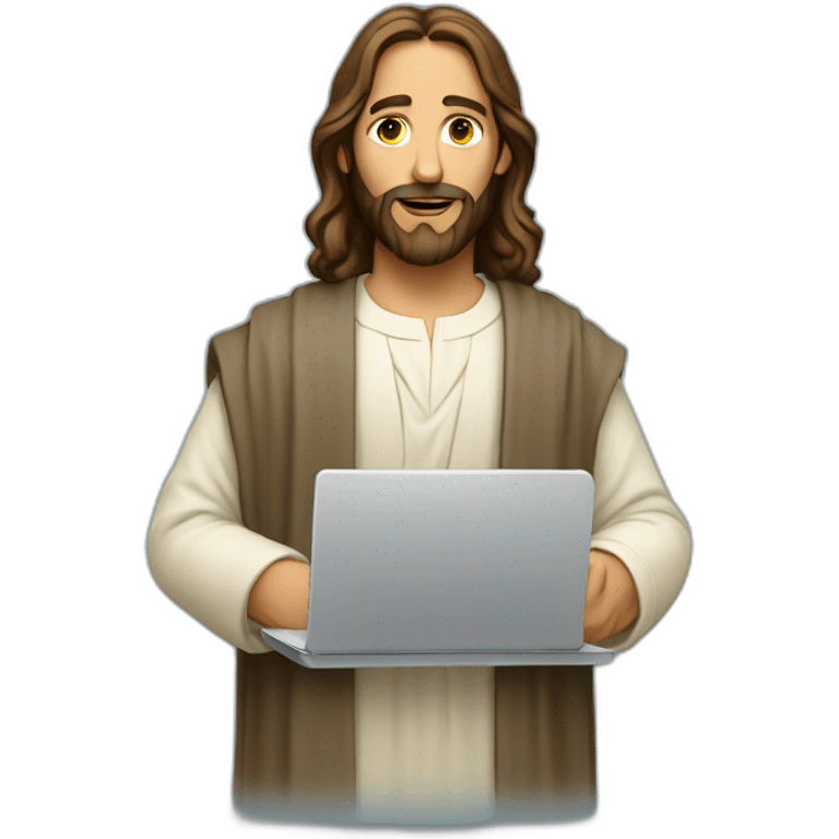 Jesus in modern clothes with a laptop emoji