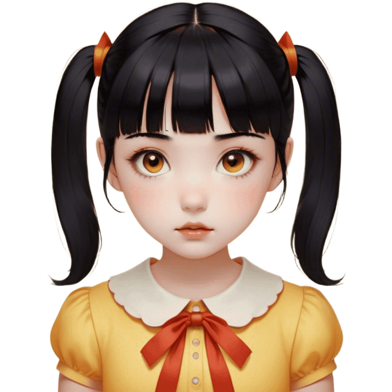 Face: Round with a porcelain-like finish, slightly eerie but innocent expression.
	•	Eyes: Large, dark, and slightly glossy, with a red sensor-like glow when activated.
	•	Hair: Black, neatly tied into two low pigtails with short bangs.
	•	Outfit: Yellow-orange short-sleeved shirt with a Peter Pan collar and a high-waisted orange jumper dress.
	•	Details: A small, unsettling smile and a slightly tilted head to capture her eerie nature. emoji