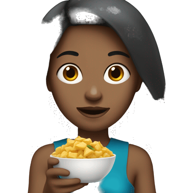  white woman with dark hair eating emoji