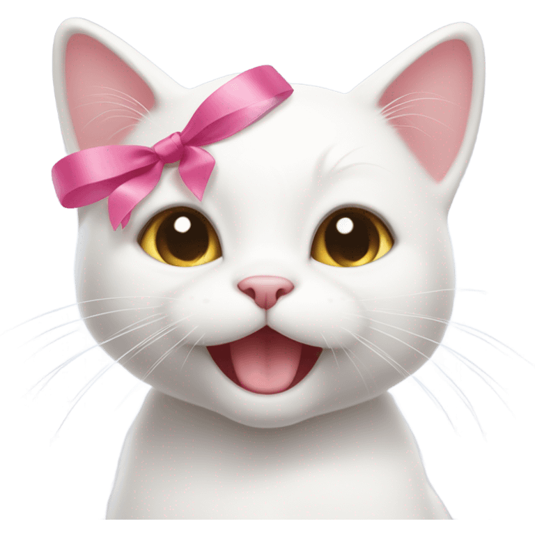 White cat smiling cutely with a cute pink ribbon on her head  emoji