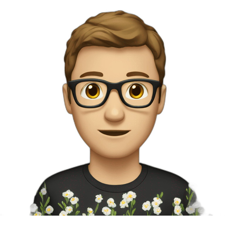 white guy short brown hair wearing glasses and dark t-shirt with flowers print emoji