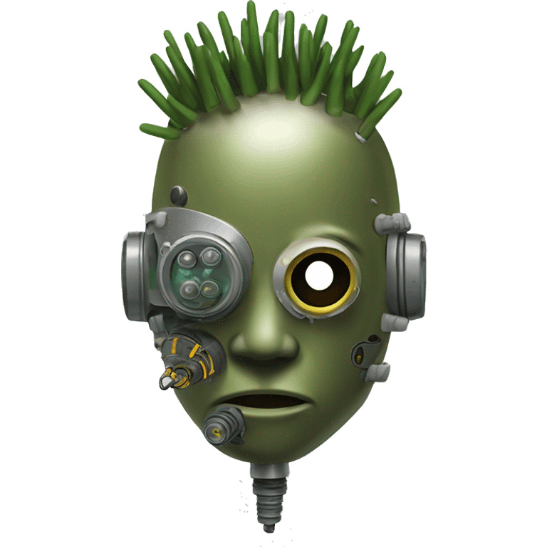 Olive green mohawk cyborg head with respirator mask and circuits emoji