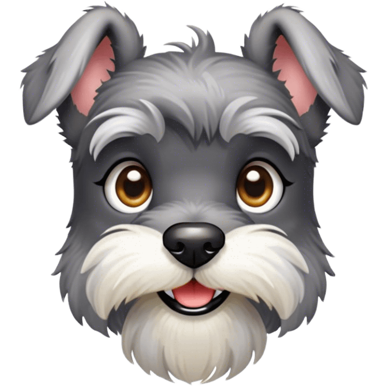 Cinematic Cute Miniature Schnauzer Portrait Emoji, Head cheerfully cocked with expressive, twinkling eyes and a neatly trimmed, adorable salt-and-pepper fur, simplified yet endearingly detailed, glowing with a bright, friendly radiance, high shine, exuding smart and spunky charm, styled with a delicate, whimsical outline, capturing the essence of a cute Miniature Schnauzer that appears ready to scamper off the screen with delightful energy! emoji