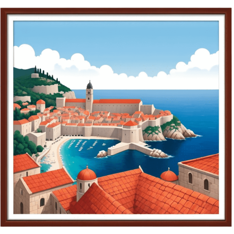 Cinematic Realistic aerial view of the historic city of Dubrovnik, showcasing its iconic red-roofed architecture, fortified walls, and sparkling Adriatic coastline, rendered with rich textures and warm Mediterranean lighting that captures its old-world charm. emoji