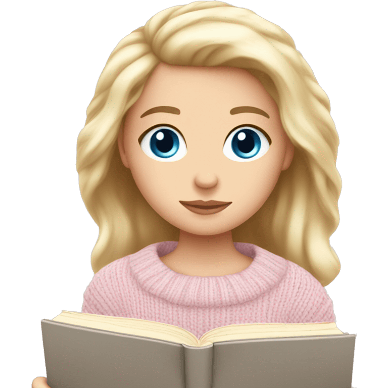 Pretty blue eyed white girl with light pink sweater reading cozy emoji