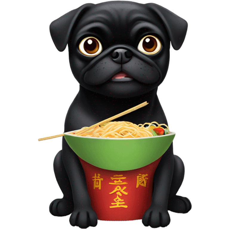 Black pug eating Chinese food emoji