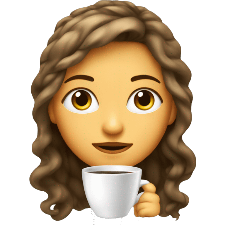 Chica blanca ojos claros medio verdes y cabello coló miel con ondas tomando café  emoji