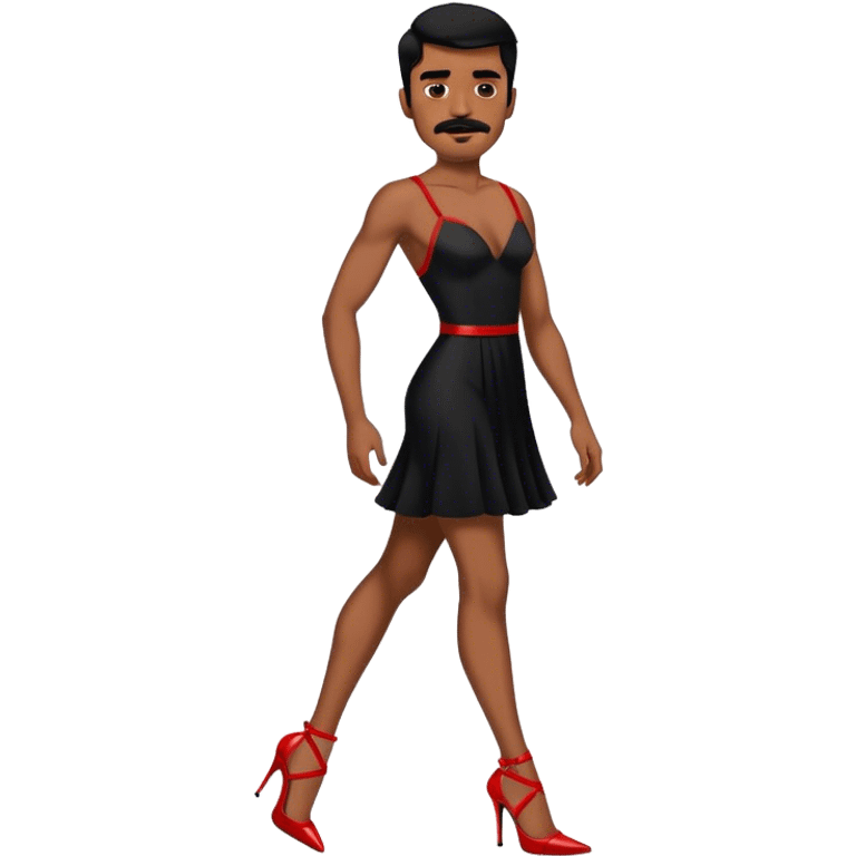 Man in a black dress and red strappy high heels with black hair and black mustache and brown skin emoji