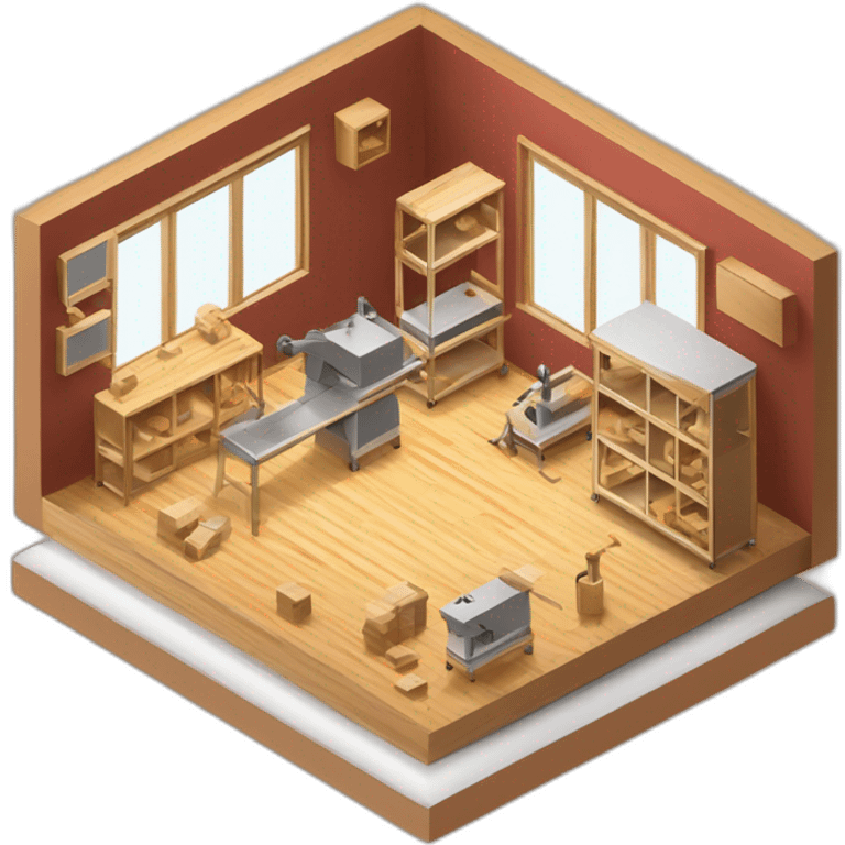 isometric square transparent solid outline border containing indoor creative workshop handmade woodworking factory people actively working cnc machine tools simple clean industrial emoji