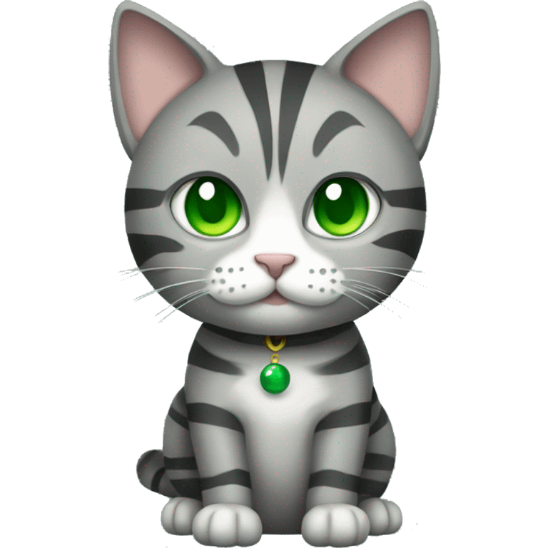 A striped grey cat with green eyes with New Year's ball emoji