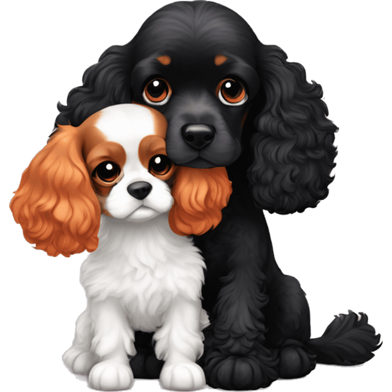 orange and white cavalier king charles spaniel and black poodle cuddle each other  emoji