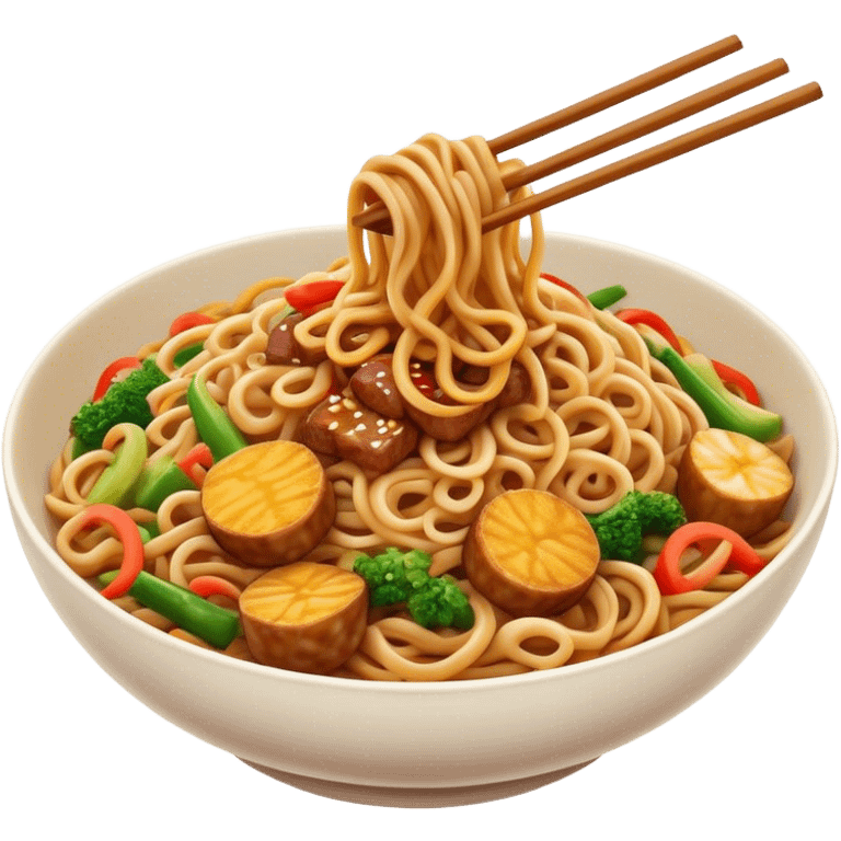 Cinematic Realistic Mie Goreng Dish Emoji, featuring stir‚Äêfried noodles with vegetables and meat rendered with dynamic textures and warm, appetizing lighting. emoji