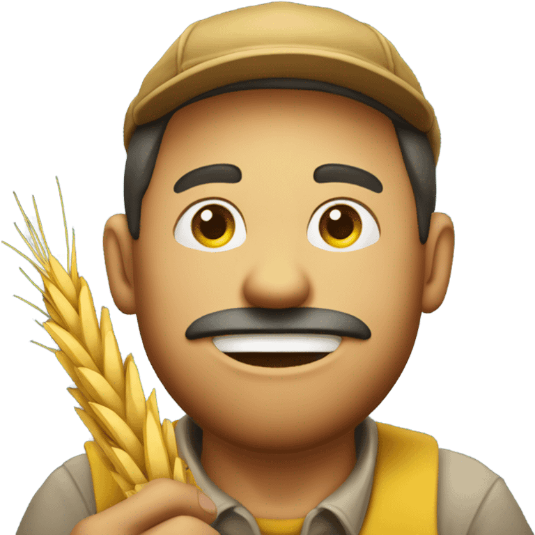 Round face yellow emoji farmer with wheat in mouth emoji