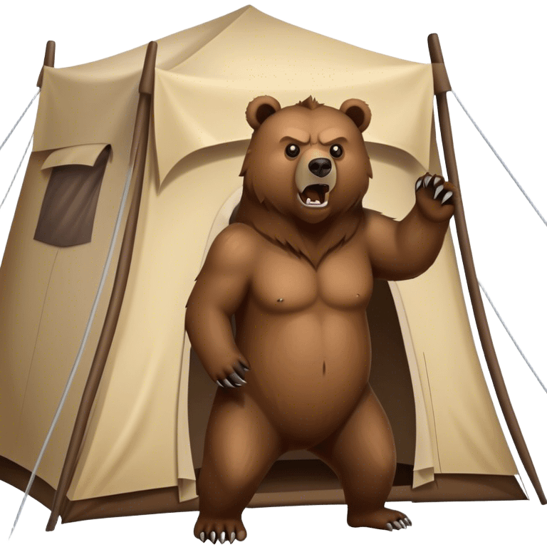 an angry grizzly bear outside of a tent looking at the tent emoji