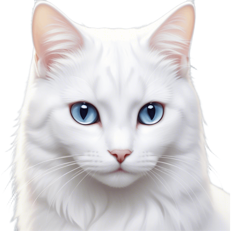 Cinematic Noble White Cat Portrait Emoji, Poised and stately, with a pristine, snow-white fur accented by delicate hints of silver, refined whiskers and a serene, focused gaze, simplified yet impeccably detailed, glowing with an ethereal radiance and timeless elegance, high shine, exuding calm intelligence and regal simplicity, soft glowing outline, capturing the essence of a noble white cat that radiates quiet majesty! emoji