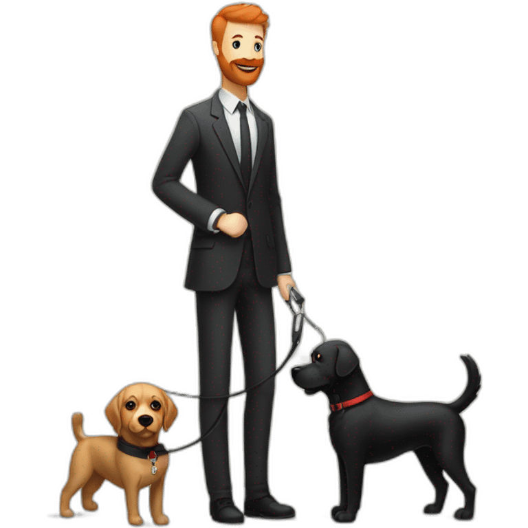 a handsome, slender man in a  sporting a red beard, standing next to a black Labrador dog, holding it on a leash emoji