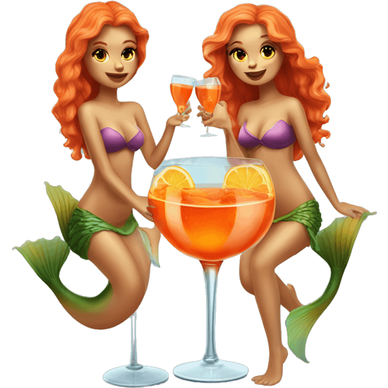 Three beautiful bright skin mermaids drinking aperol emoji