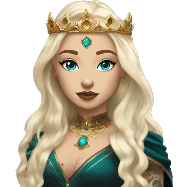 Aelin has white or golden blonde hair, turquoise eyes with a gold ring around the pupil, and tattoos and scars. Wearing a black and gold gown with a crown made of fire emoji