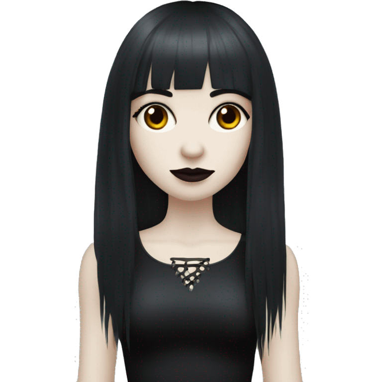 goth girl that has pale white skin and Long Dark Red hair and has fringe bangs emoji