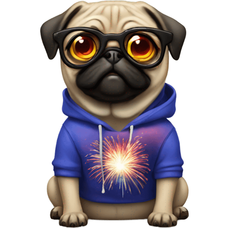 Pug with fireworks cool hoodie and glasses emoji