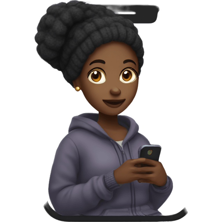 Black girl in a cozy outfit fit on her phone emoji