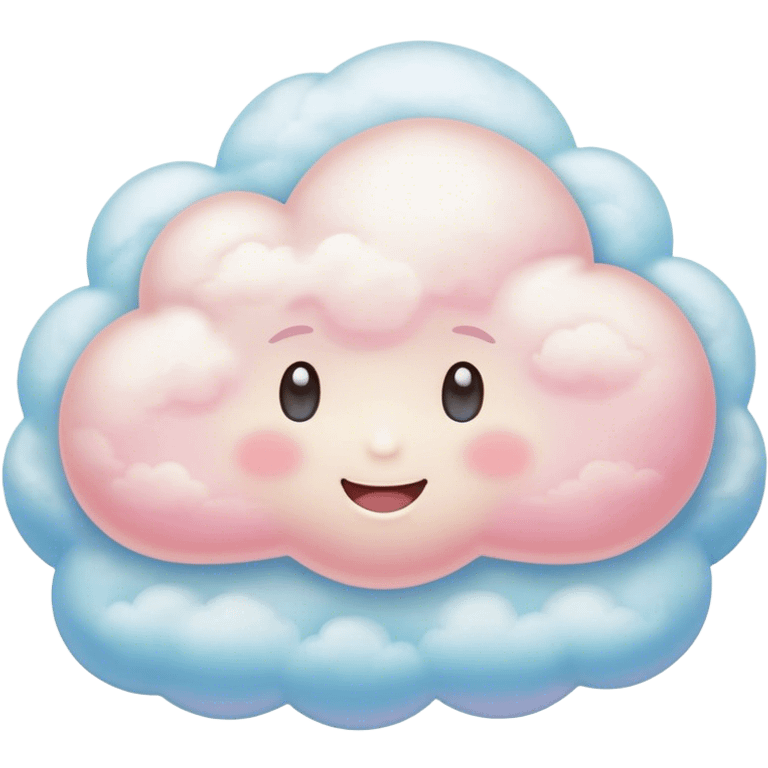 Cinematic round pastel cloud, soft puffy texture, gentle glowing edges, tiny happy face with blushing cheeks, floating in a dreamy sky, warm and magical. emoji