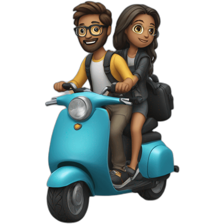 boy with long hair in a bun, beard, and glasses, riding a black scooter with a girl on the back emoji