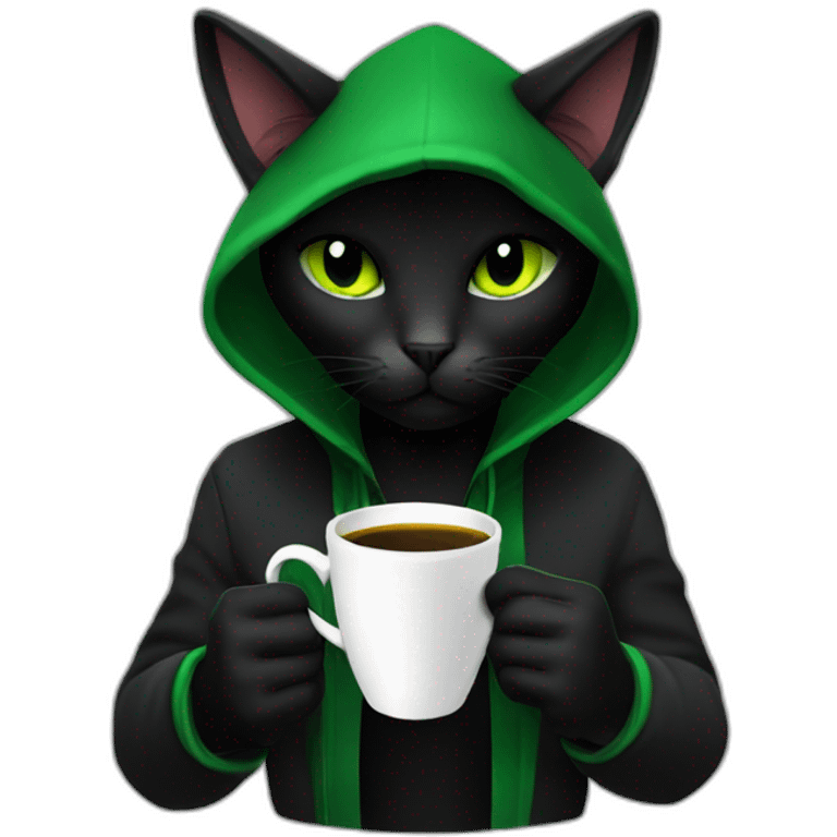 Green hooded black cat assassin sipping coffee emoji