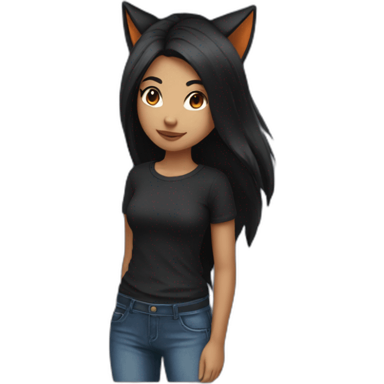 fox girl with black hair and black t-shirt and Jean emoji