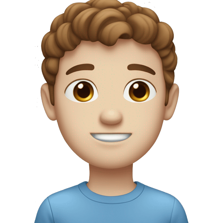 A boy With brown hair, blue eyes white skin a blue shirt, freckles, and a mouth ￼￼ emoji