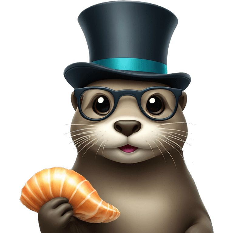 Otter with glasses and top hat holding sea shell  emoji