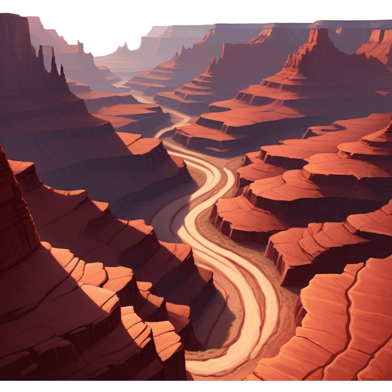 Cinematic Realistic Canyon Emoji, Vast and rugged, with deep red rock formations and winding paths leading down to a dry, dusty floor. Sunlight casts long shadows across the craggy surfaces, highlighting the layers of ancient rock. Soft glowing outline, capturing the essence of dramatic beauty and ancient history in a mighty canyon. emoji