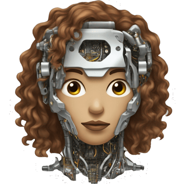 female cyborg head with metallic plated face, long brown curly hair and circuitry emoji