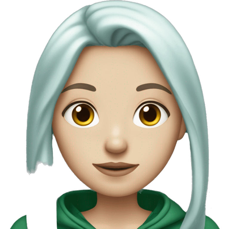 white girl with long dark blue hair wearing green hoodie emoji