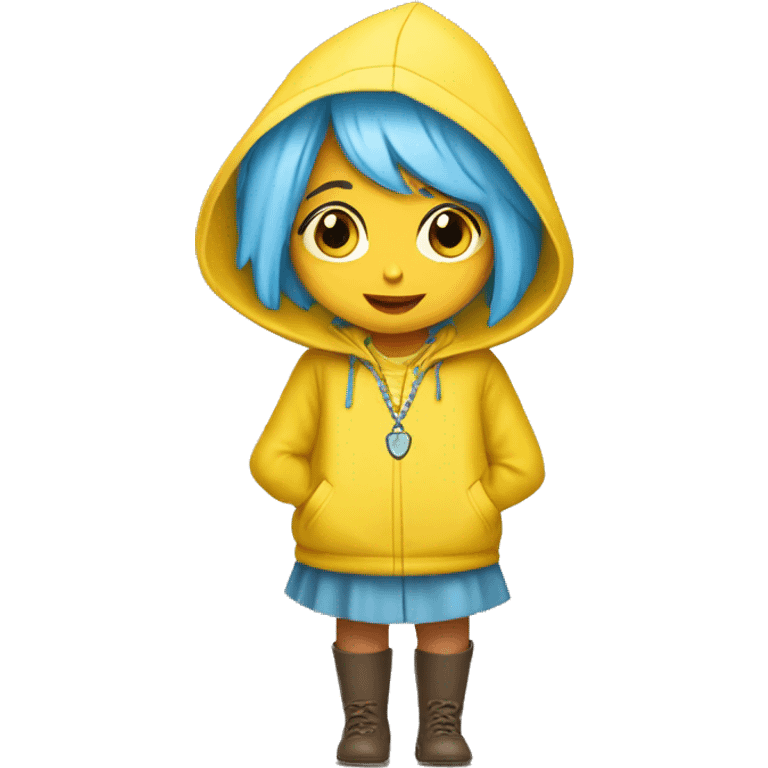 Cute little girl with light blue hair wearing a yellow raincoat hood up with rosary  emoji