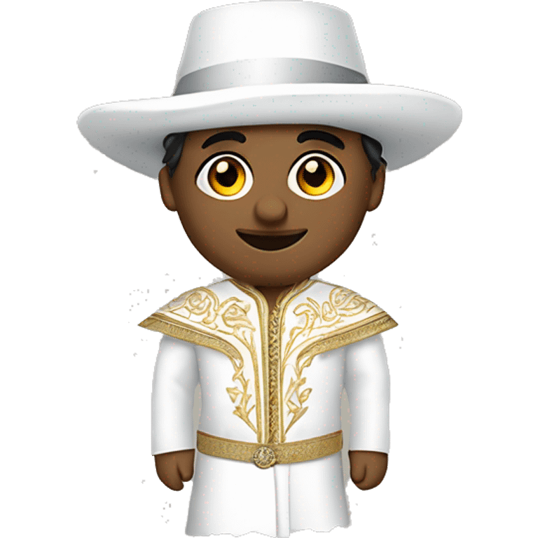 An emoji of a traditional Turkish circumcision outfit, featuring a white suit with decorative embroidery, a cape, and a matching hat adorned with feathers emoji