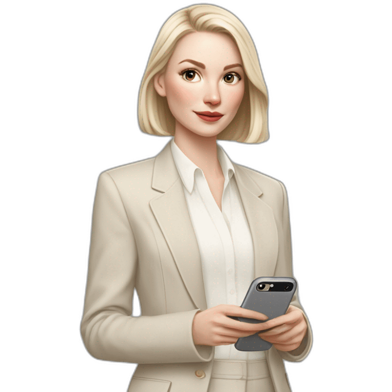 pale skin woman with ash blonde Straightened bob Hair, White Spacious classical jacket, beige palazzo Arrow pants and gray blouse holding white IPhone 15 pro in the hands emoji