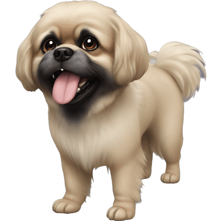 Pekingese poodle mix. All black dog. Underbite with teeth showing  emoji