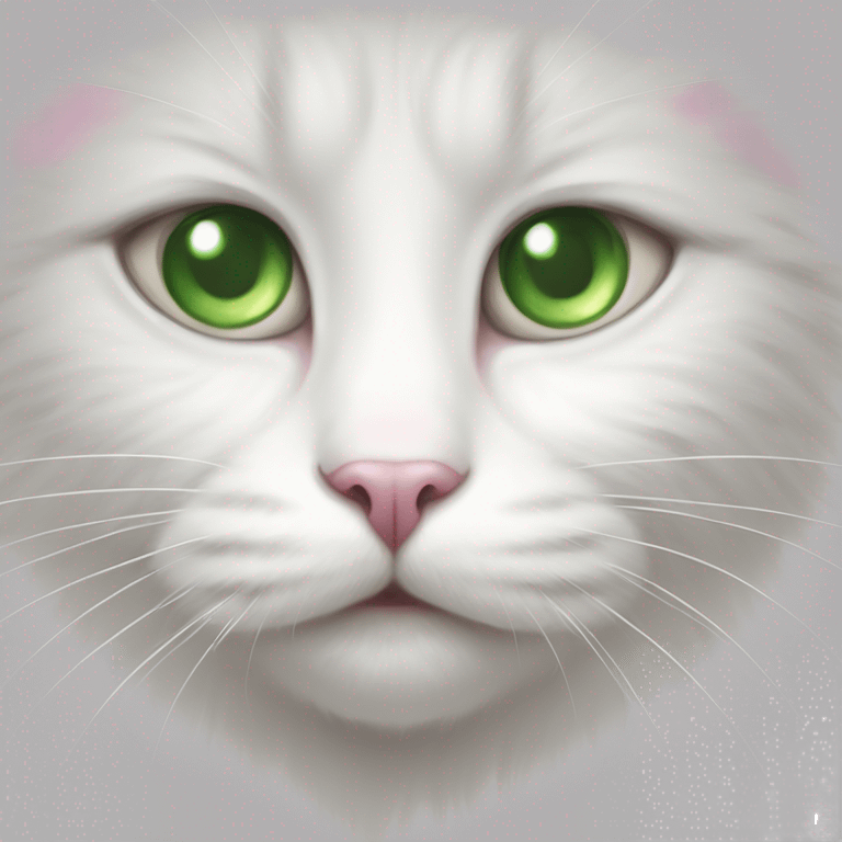 white cat with gray stain, with green eyes, pink nose emoji