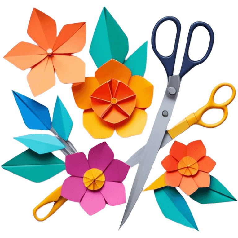 Paper crafting icon, colorful paper sheets, origami figures, 3D paper flowers, scissors and craft knife, minimalistic style, clean lines, transparent background. emoji