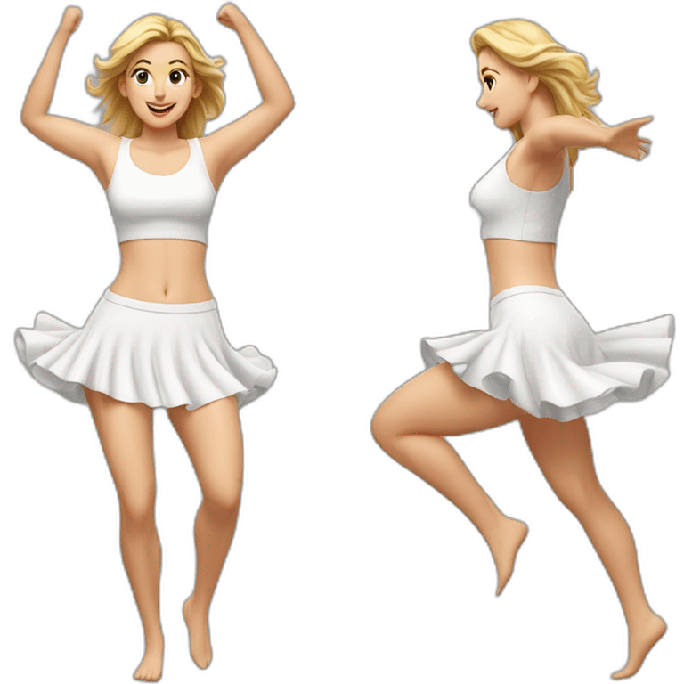 hyperrealistic-full-body-caucasian-curvy-beauty-jumping-small white-skirt-back-and-front-views-strong-wind-knickers emoji