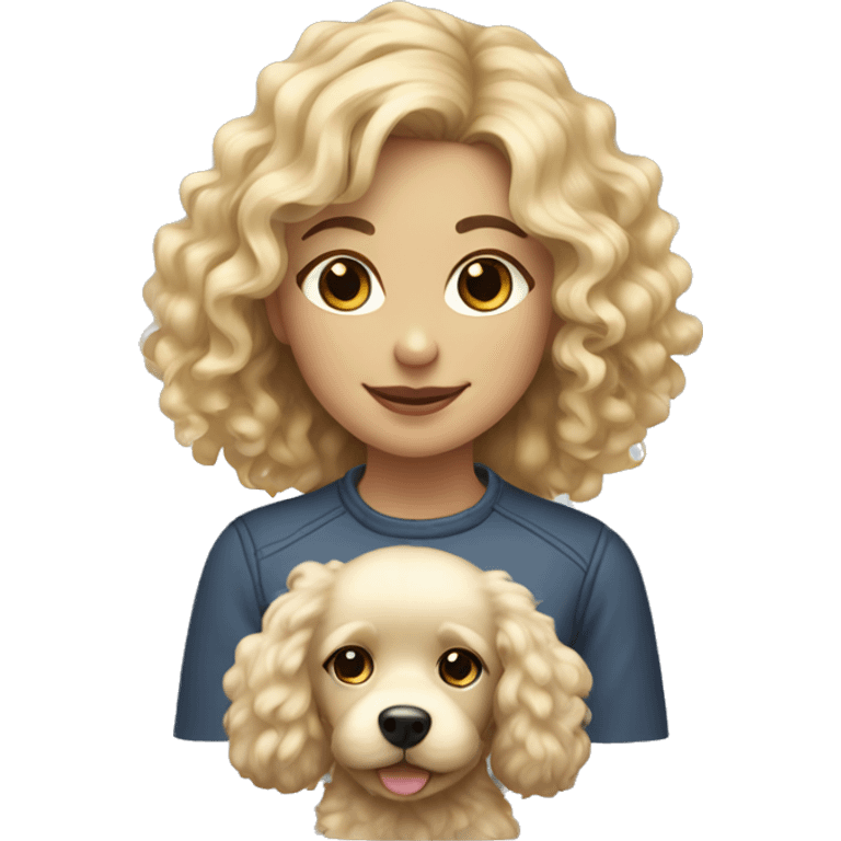 Blond girl with a slight of curly hair holding a fluffy dog emoji