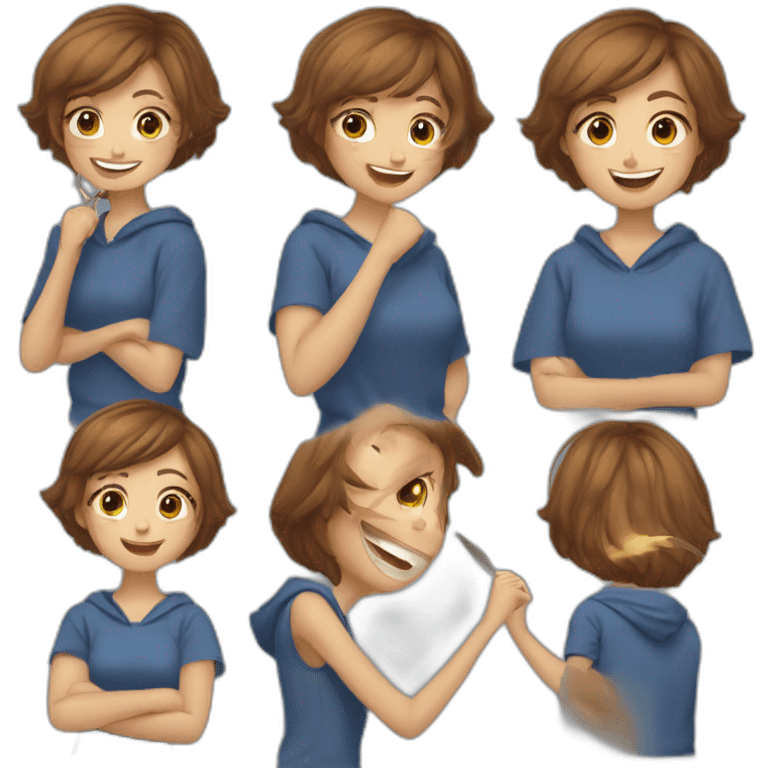 Brown Short hair-gril-Wear a blue hoodie -Show your teeth when you smile - Oval face -Than Scissors Hand emoji