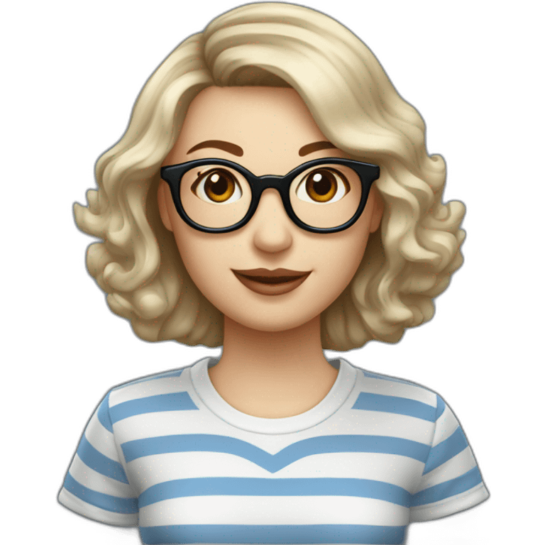 caucasian woman with retro glasses, dark brown hair a bob haircut, bangs, braces on teeth, blue and white striped t shirt emoji