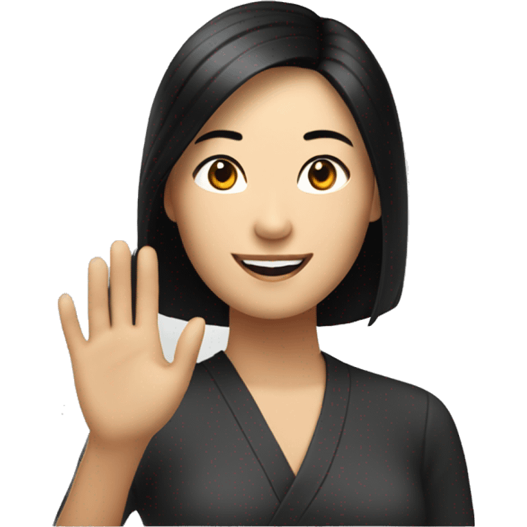 A smiling Asian woman with black bobbed hair raising one hand. emoji