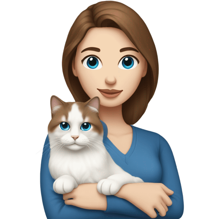 woman with brown hair and holding a all white Siberian cat with blue eyes emoji