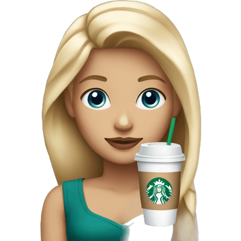 blonde girl blue eyes with Starbucks cup drink emoji