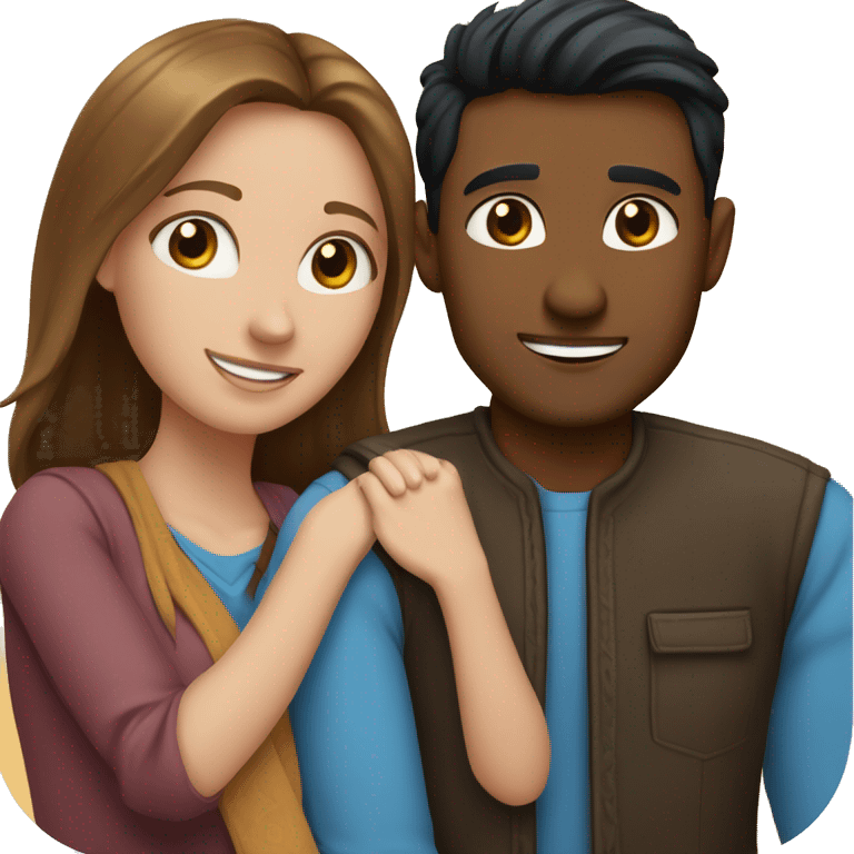 Couple embracing with arms around each other; white woman with blue eyes and brown hair, Indian man with black hair  emoji