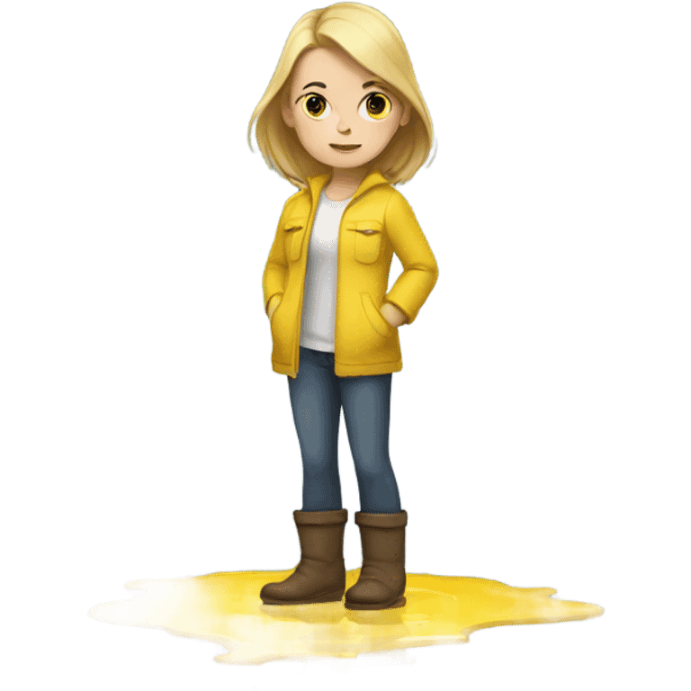 White skinned Girl standing in big yellow puddle emoji